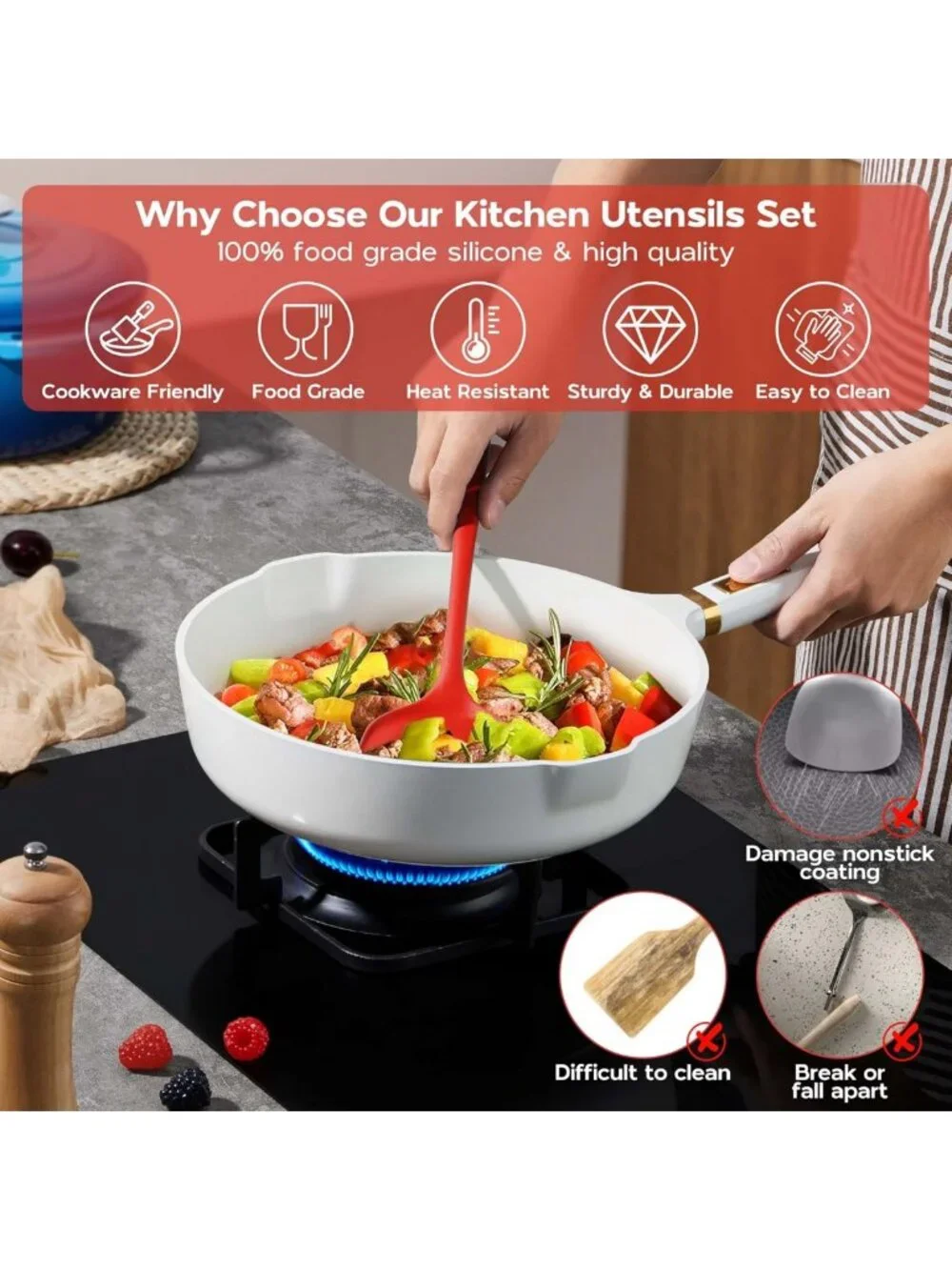10-Piece Red Silicone Cooking Utensils Set | Non-Toxic, Heat-Resistant Kitchen